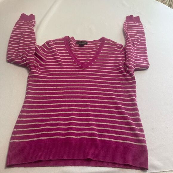 Lord & Taylor Pink Stripe Cashmere V Neck Sweater Size Large - Picture 5 of 7